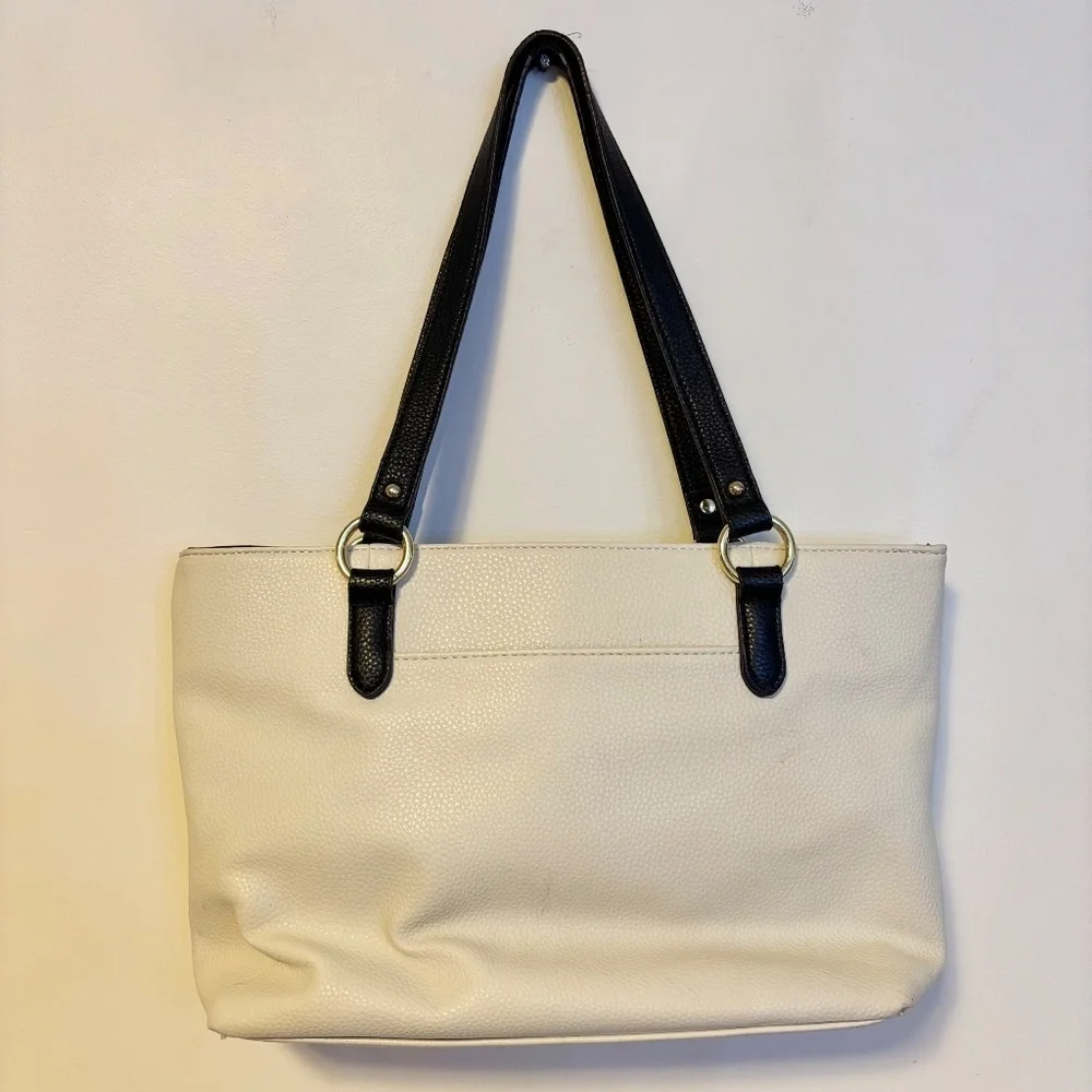 Liz Claiborne Jess Shopper Faux Leather Tote Bag Purse Cream Black Handles
